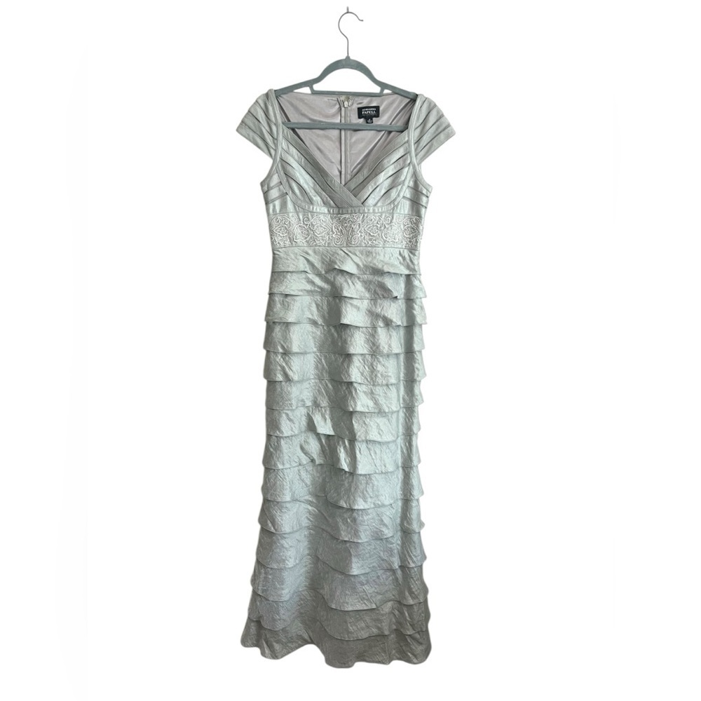 Adrianna Papell Silver Cap Sleeve Layered Gown Embellished Dress Size 6